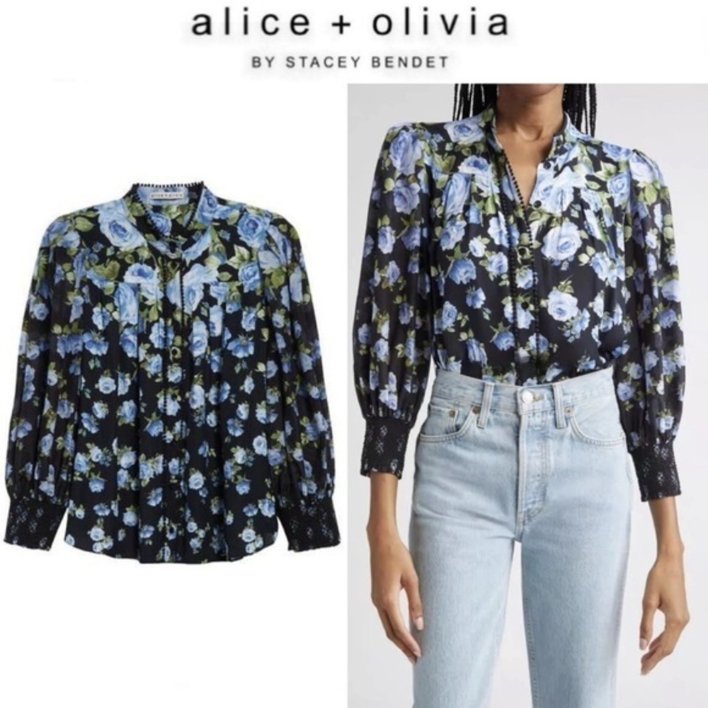 Alice + Olivia Blue Cora Floral Voluminous Sleeve Shirt Black Blouse XS NWT 395$